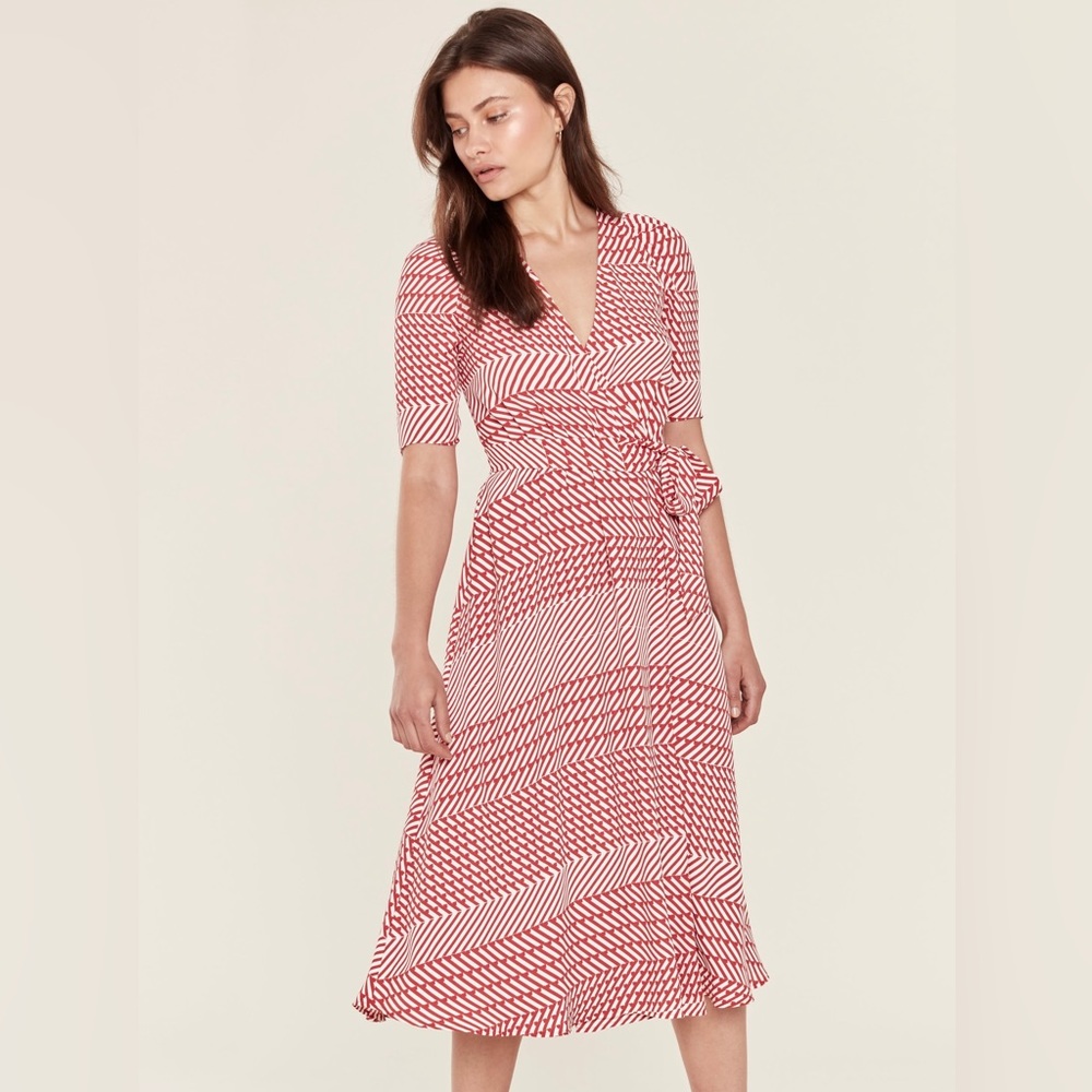 NWT Joie Cata Wrap Midi Dress Size 4 Red White Wrap Dress
